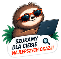 Leniwiec z laptopem i lupą, napis „Szukamy dla ciebie najlepszych okazji”